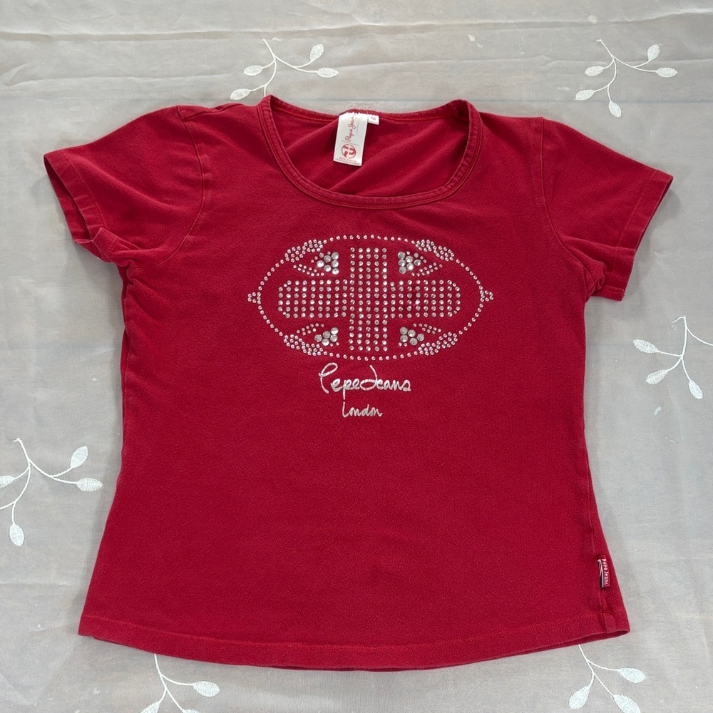 Y2K Pepe Jeans Red Crewneck Woman T-Shirt with Rhinestones Logo Tag Size Medium